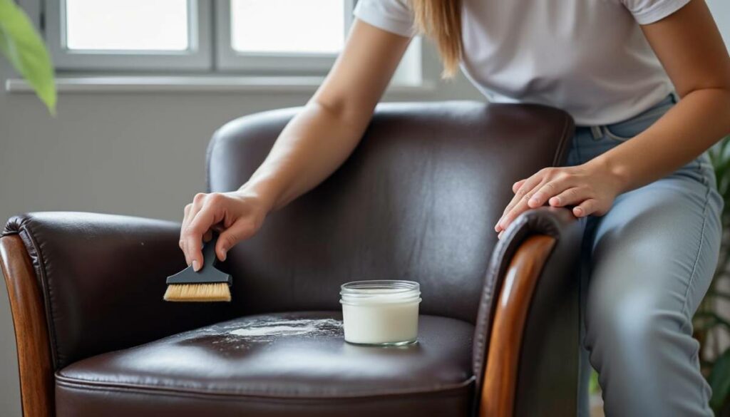 femme appliquant de la cire sur un fauteuil