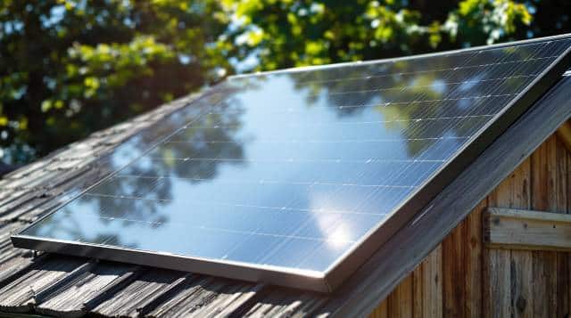 panneau solaire sur un abri de jardin en bois