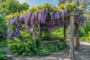 glycine en fleurs sur pergola
