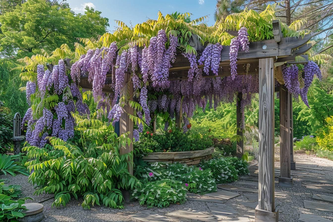 glycine en fleurs sur pergola