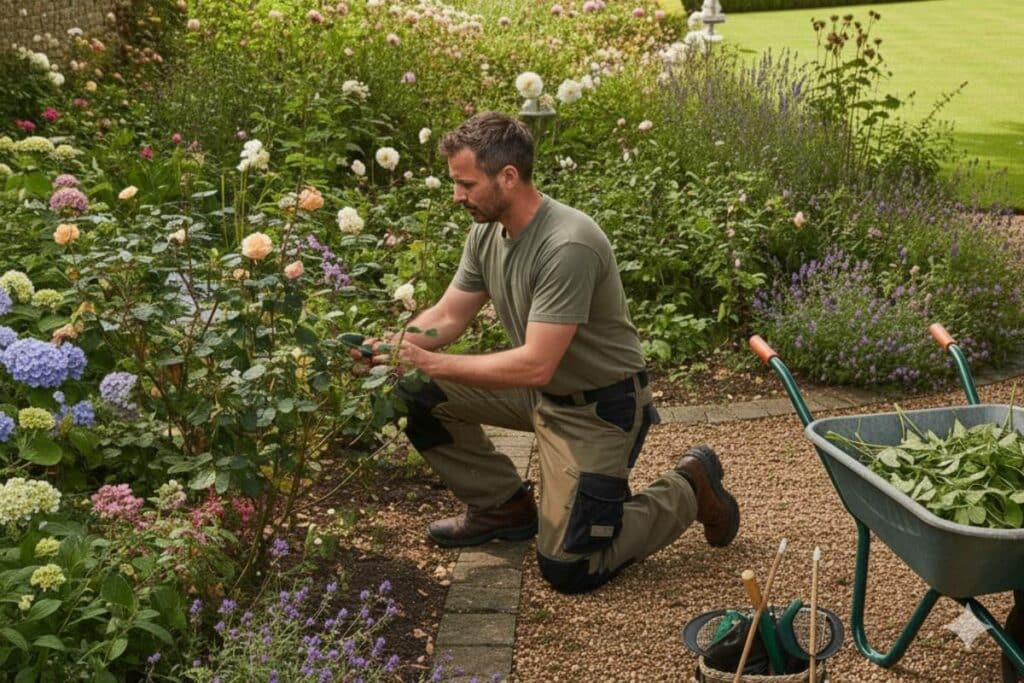 paysagiste taillant des rosiers chez un particulier